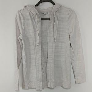 Off white hooded cardigan with light aqua stripes.